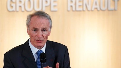This Jan.24, 2019 file photo shows Jean-Dominique Senard after being appointed Renault chairman following a meeting of the board held at Renault headquarters in Boulogne-Billancourt, outside Paris. Renault Chairman Jean-Dominique Senard has expressed confidence that the French automaker's alliance with Japan's Nissan remains on track following the appointment of a new board in the wake of the scandal involving Carlos Ghosn, who chaired both companies.