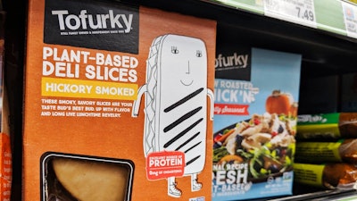 Tofurky brand plant-based 'deli slices' are sold at a Little Rock grocery store in this Monday, July 22, 2019 photo. The ACLU and other other rights organizations filed a lawsuit in federal court on Tofurky's behalf claiming an Arkansas law that will ban the use of 'meat' in the labeling of its products violates free speech rights.