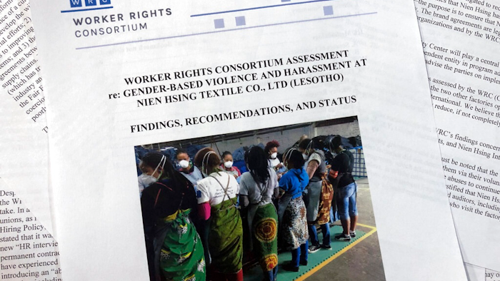 Pages from a report released from the Washington-based Worker Rights Consortium, photographed in Washington, Thursday, August 15, 2019. The report from labor rights groups says women sewing blue jeans for Levi’s, Wrangler, Lee and The Children’s Place in several African factories faced sexual harassment and gender-based violence and some were coerced into having sex with supervisors.