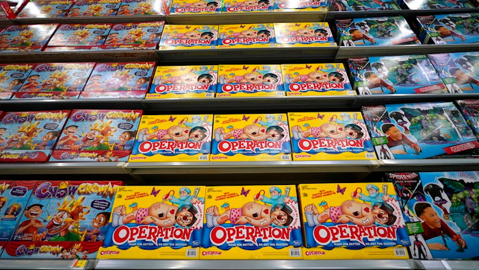- In this Nov. 9, 2018, file photo Operation made by Hasbro is displayed shelves in the expanded toy section at a Walmart Supercenter in Houston. The toy maker expects said Tuesday, Aug. 20, 2019, that all its packaging for new products to be virtually plastic free by the end of 2022. It plans to stop using plastic bags, elastic bands and the shrink wrap that’s usually found around Monopoly, Scrabble and other board games.