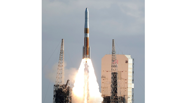 A United Launch Alliance Delta IV rocket lifts off from space launch complex 37 at the Cape Canaveral Air Force Station with the second Global Positioning System III payload.