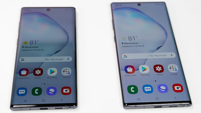In this photo the Samsung Galaxy Note 10, left, and the Galaxy Note 10 Plus, right, is shown in New York. Samsung’s newest smartphone won’t have a headphone jack. The Galaxy Note 10 loses that, even though Samsung executives have long poked fun at rivals for ditching it.