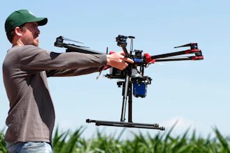 In this Thursday, July 11, 2019, photograph, United States Department of Agriculture intern Alex Olsen prepares to place down a drone at a research farm northeast of Greeley, Colo. Researchers are using drones carrying imaging cameras over the fields in conjunction with stationary sensors connected to the internet to chart the growth of crops in an effort to integrate new technology into the age-old skill of farming.