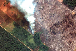 This Aug. 15, 2019 satellite image from Maxar Technologies shows closeup view of a fire southwest of Porto Velho Brazil. Brazil's National Institute for Space Research, a federal agency monitoring deforestation and wildfires, said the country has seen a record number of wildfires this year as of Tuesday, Aug. 20.