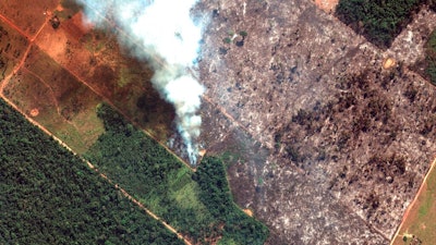 This Aug. 15, 2019 satellite image from Maxar Technologies shows closeup view of a fire southwest of Porto Velho Brazil. Brazil's National Institute for Space Research, a federal agency monitoring deforestation and wildfires, said the country has seen a record number of wildfires this year as of Tuesday, Aug. 20.