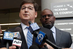 Attorneys Miles Ehrlich, left, and Ismail Ramsey, representing Anthony Levandowski, speak to reporters at a federal courthouse in San Jose, Calif., Tuesday, Aug. 27, 2019. Levandowski, a former Google engineer, was charged Tuesday with stealing closely guarded secrets that he later sold to Uber as the ride-hailing service scrambled to catch up in the high-stakes race to build robotic vehicles.