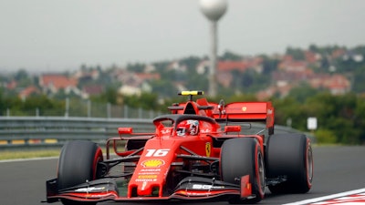 Ferrari driver Charles Leclerc of Monaco steers his car during the first practice session of the Hungarian Formula One Grand Prix at the Hungaroring racetrack in Mogyorod, northeast of Budapest, Hungary, Friday, Aug. 2, 2019. The Hungarian Formula One Grand Prix takes place on Sunday.