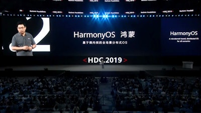 In this image from video released by Huawei, Richard Yu, CEO of Huawei Consumer Business Group, speaks during a news conference in Dongguan, China. Huawei unveiled a smartphone operating system that it said can replace Google's Android.