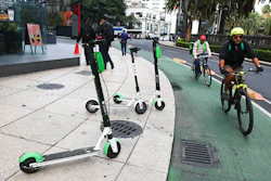 Scooters are left after being used on the sidewalk on Reforma Avenue in Mexico City, Thursday, Aug. 1, 2019. An electric scooter firm has temporarily ceased operations in Mexico City because so many of its two-wheeled units have been stolen. The Grin company said in a statement that 'at present, the theft of our scooters in Mexico City is the biggest challenge.'