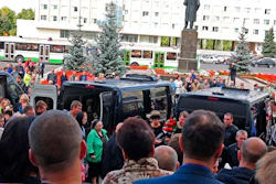 In this grab taken from a footage provided by the Russian State Atomic Energy Corporation ROSATOM press service, people gather for the funerals of five Russian nuclear engineers killed by a rocket explosion in Sarov, the closed city, located 370 kilometers (230 miles) east of Moscow, Monday, Aug. 12, 2019. Thousands of people have attended the burial of five Russian nuclear engineers killed by an explosion during tests of a new rocket. The engineers, who died on Thursday, were laid to rest Monday in the city of Sarov that hosts Russia’s main nuclear weapons research center.