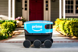 This undated photo provided by Amazon shows a self-driving delivery robot that Amazon is calling Scout. Amazon is expanding the use of its self-driving delivery robots to a second state. The online shopping giant says the six-wheeled robots, about the size of a Labrador, will start delivering packages to customers in Irvine, Calif. Amazon.com Inc. has been testing them in a Seattle suburb since the beginning of the year.