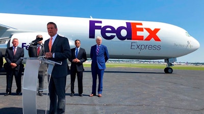 Tennessee Gov. Bill Lee addresses reporters at a news conference announcing an investment by shipping giant FedEx Corp. of $450 billion to help modernize its Memphis hub on Friday. Aug.2, 2019 in Memphis, Tenn.
