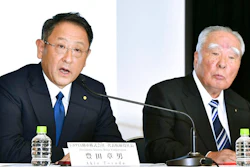 In this Oct. 12, 2016 file photo, Toyota Motor Corp. President Akio Toyoda, left, speaks with Suzuki Motor Corp. Chairman Osamu Suzuki during a news conference in Tokyo. Japan's top automaker, Toyota, and smaller rival Suzuki announced Wednesday, Aug. 28, 2019, they are partnering in the development of self-driving car technology, as manufacturers around the world grapple with innovations in the industry.