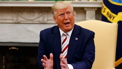 President Donald Trump speaks during a meeting with Romanian President Klaus Iohannis in the Oval Office of the White House, Tuesday, Aug. 20, 2019, in Washington.