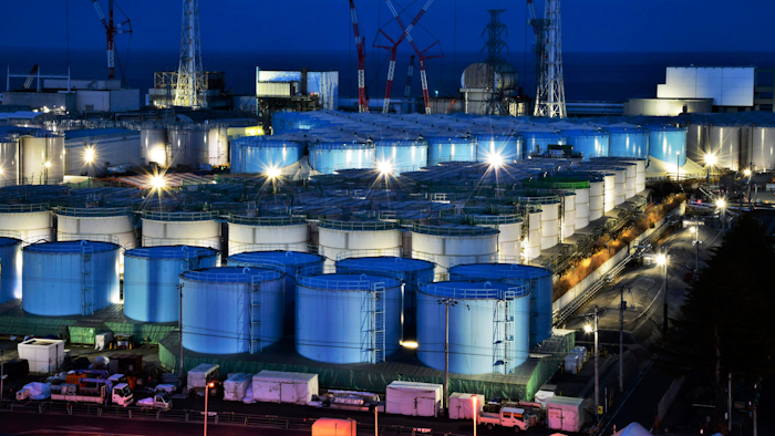 This file photo shows water tanks containing contaminated water that has been treated at the Fukushima Dai-ichi nuclear plant in Okuma town, Fukushima prefecture, northeastern Japan.