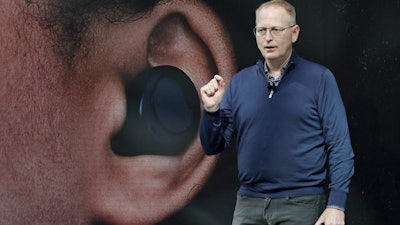 Dave Limp, senior vice president for Amazon devices & services, talks about Echo Buds, the tech company's new wireless earbuds product, Wednesday during an event in Seattle.