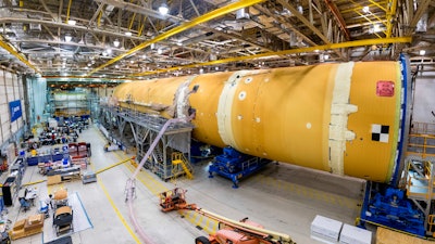This August 2019 photo released by NASA, shows the core stage for NASA’s Space Launch System (SLS) rocket at the agency’s Michoud Assembly Facility in New Orleans. Kenneth Bowersox, acting associate administrator for human exploration, is casting doubt on the space agency's ability to land astronauts on the moon by 2024.