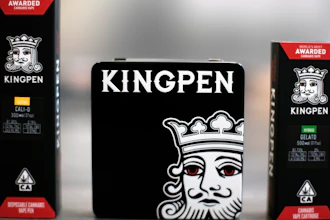 This Tuesday, Sept. 10, 2019, photo shows the new Kingpen packaging, center, flanked by the previous packaging in Los Angeles. Bootleggers eager to profit off unsuspecting consumers are mimicking popular vape brands, pairing replica packaging churned out in Chinese factories with untested, and possibly adulterated, cannabis oil produced in the state's vast underground market. As a result of the bootleggers, the company had to change and innovate their new packaging.