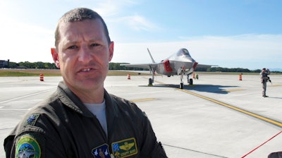 Vermont Air National Guard pilot, Lt. Col. Tony 'Scrappy' Marek speaks to the media after piloting one of the first two F-35 fighter jets to the Vermont Air National Guard base on Thursday, Sept. 19, 2019, in South Burlington, Vt. The Vermont Air National Guard is the first guard unit to receive the next-generation fighter.