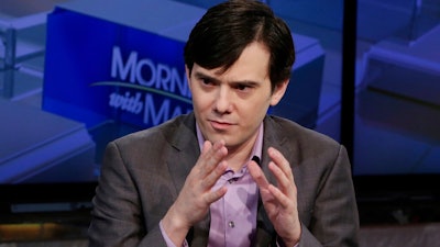 In this Aug. 15, 2017 file photo, former pharmaceutical CEO Martin Shkreli speaks during an interview by Maria Bartiromo during her 'Mornings with Maria Bartiromo' program on the Fox Business Network, in New York. The imprisoned pharmaceutical entrepreneur, who is serving prison time for fraud, has filed a fraud lawsuit against one of his former investors.