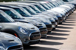 In this Aug. 25, 2019, file photo, a long line of unsold Clubman sports-utility vehicles sit at a Mini dealership in Highlands Ranch, Colo. On Friday, Sept. 13, the Commerce Department releases U.S. retail sales data for August.