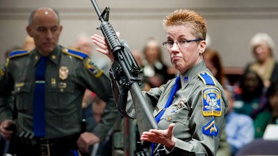 In this Jan. 28, 2013, file photo, firearms training unit Det. Barbara J. Mattson, of the Connecticut State Police, holds up a Bushmaster AR-15 rifle, the same make and model of gun used by Adam Lanza in the Sandy Hook School shooting, for a demonstration during a hearing of a legislative subcommittee reviewing gun laws