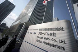 The entrance to the Nissan headquarters where Renault, Nissan and Mitsubishi Motors board meeting takes place in Yokohama, near Tokyo.
