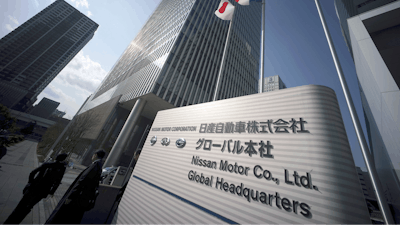 The entrance to the Nissan headquarters where Renault, Nissan and Mitsubishi Motors board meeting takes place in Yokohama, near Tokyo.