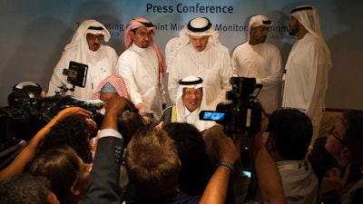 Saudi Energy Minister Prince Abdulaziz bin Salman speaks to journalists after a news conference that followed an OPEC meeting in Abu Dhabi, United Arab Emirates.
