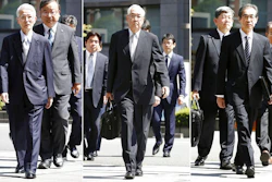 In this combination of photos, from left, former Tokyo Electric Power Co. (TEPCO) chairman Tsunehisa Katsumata, Vice Presidents Sakae Muto and Ichiro Takekuro arrive at Tokyo District Court in Tokyo Thursday, Sept. 19, 2019. The court ruled that the three former executives for TEPCO were not guilty of professional negligence in the 2011 Fukushima meltdown. It was the only criminal trial in the nuclear disaster that has kept tens of thousands of residents away from their homes because of lingering radiation contamination.