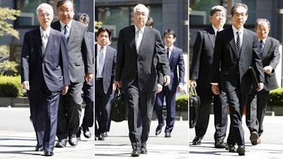 In this combination of photos, from left, former Tokyo Electric Power Co. (TEPCO) chairman Tsunehisa Katsumata, Vice Presidents Sakae Muto and Ichiro Takekuro arrive at Tokyo District Court in Tokyo Thursday, Sept. 19, 2019. The court ruled that the three former executives for TEPCO were not guilty of professional negligence in the 2011 Fukushima meltdown. It was the only criminal trial in the nuclear disaster that has kept tens of thousands of residents away from their homes because of lingering radiation contamination.