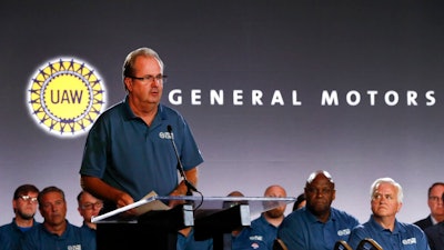 In this July 16, 2019, file photo United Auto Workers President Gary Jones speaks during the opening of their contract talks with General Motors in Detroit. More than 96% of United Auto Workers union members have voted to authorize strikes against Detroit's three automakers. The union said Tuesday, Sept. 3, that the vote means leadership is authorized to call strikes against General Motors, Ford and Fiat Chrysler. But it doesn't mean there will be a work stoppage.
