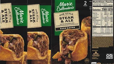 The 20-oz. retail cartons contain two portions of “Marie Callender’s PUB STYLE STEAK & ALE.”