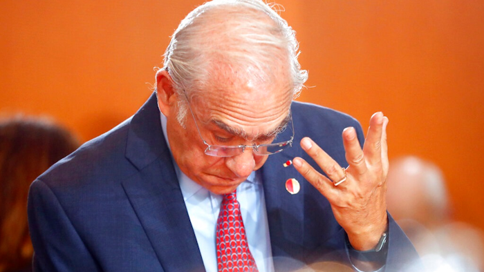 Organisation for Economic Co-operation and Development (OECD) Secretary General Angel Gurria gestures during a meeting of German Chancellor Angela Merkel with leaders of international economic and financial organizations at the Chancellery in Berlin, Germany, Tuesday, Oct. 1, 2019.