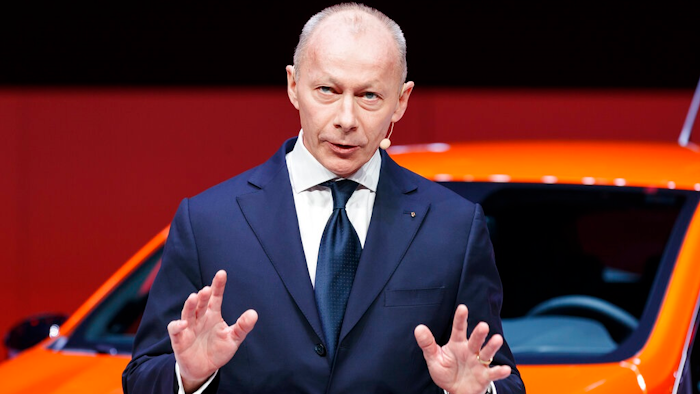 In this Tuesday, March 5, 2019 file photo, Thierry Bollore, Renault Chief Executive Officer, speaks during the presentation of the new Renault Clio as part of the press day at the '89th Geneva International Motor Show' in Geneva, Switzerland. French carmaker Renault has dismissed its chief executive officer, overhauling its leadership once again after the jailing of its previous chairman and CEO. The decision by the board on Friday Oct. 11, 2019, to dismiss Thierry Bollore was effective immediately.