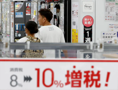 In this Sept. 30, 2019, photo, a signboard says 'Consumption tax hike, 8 percent to 10 percent', at a mass home electronics retailer in Tokyo.