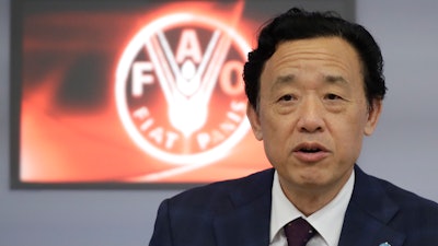 United Nations Food and Agriculture Organization (FAO) Director General Qu Dongyu talks during a press conference at FAO headquarters in Rome, Monday, Oct. 14 ahead of a report State of Food on new estimates of the world’s food that is being lost from production up to the retail level.