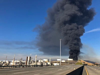 Interstate 80 is closed as a fire at an oil storage facility burns Tuesday in Rodeo, CA.