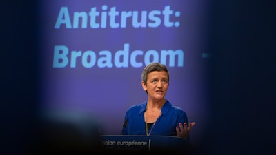 European Commissioner for Competition Margrethe Vestager speaks during a media conference regarding an anti-trust decision at EU headquarters in Brussels on Wednesday, Oct. 16.