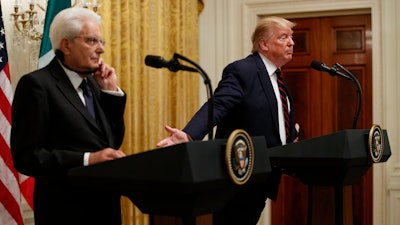 President Donald Trump speaks during a news conference with Italian President Sergio Mattarella in the East Room of the White House on Tuesday, Oct. 16 in Washington.