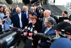 Summit county executive Ilene Shapiro speaks to the media outside the U.S. Federal courthouse, Monday, Oct. 21, in Cleveland.