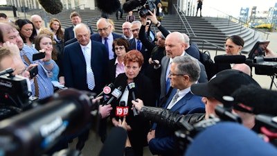 Summit county executive Ilene Shapiro speaks to the media outside the U.S. Federal courthouse, Monday, Oct. 21, in Cleveland.