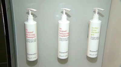 This Tuesday, Aug. 27, 2019 file image made from video shows bottles of shampoo, conditioner and shower gel that will replace smaller bottles of them by 2021, filmed at Marriott's headquarters in Bethesda, Md. California Gov. Gavin Newsom announced Wednesday, Oct. 9, 2019, he had signed a law banning hotels from giving guests plastic bottles filled with shampoo, conditioner or soap that is set to take effect starting in 2023. The law follows similar actions by some of the world’s largest hotel chains.