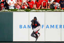 Atlanta Braves' Ronald Acuna Jr. (13) catches a ball hit by St. Louis Cardinals' Dexter Fowler during the fifth inning in Game 4 of a baseball National League Division Series, Monday, Oct. 7, 2019, in St. Louis.