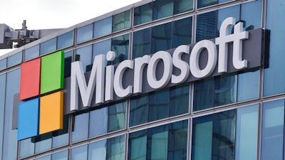 This April 12, 2016 file photo shows the Microsoft logo in Issy-les-Moulineaux, outside Paris, France. The Pentagon has awarded Microsoft a $10 billion cloud computing contract called JEDI, Friday, Oct. 25, 2019. The contentious bidding process for the contract pitted Microsoft, Amazon and Oracle, among others, against one another.