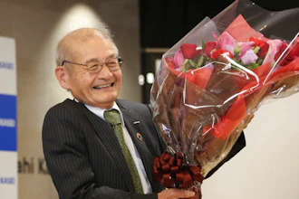 Winner of Nobel Prize of Chemistry Akira Yoshino smiles during a press conference in Tokyo, Wednesday, Oct. 9, 2019. Yoshino is one of three scientists to have won this year's Nobel Prize in Chemistry for their contributions to lithium-ion batteries, which have reshaped energy storage and transformed cars, mobile phones and many other devices in an increasingly portable and electronic world.