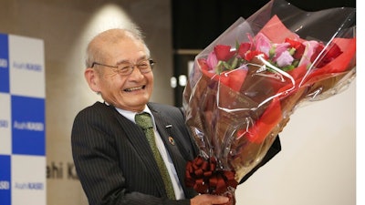 Winner of Nobel Prize of Chemistry Akira Yoshino smiles during a press conference in Tokyo, Wednesday, Oct. 9, 2019. Yoshino is one of three scientists to have won this year's Nobel Prize in Chemistry for their contributions to lithium-ion batteries, which have reshaped energy storage and transformed cars, mobile phones and many other devices in an increasingly portable and electronic world.