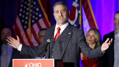 In a Nov. 6, 2018 file photo, Dave Yost speaks at the Ohio Republican Party event, in Columbus, Ohio. A federal appeals court has denied an effort by state attorneys general to stop a bellwether opioids trial involving two Ohio counties from getting underway later this month in Cleveland. The Sixth Circuit U.S. Court of Appeals in Cincinnati ruled Thursday, Oct. 10, 2019 that Ohio didn’t object when lawsuits filed by Summit and Cuyahoga counties were initially included in what has become a sprawling case involving around 2,600 local governments and other entities. Yost argued in August against the certification of the local government lawsuits as multi-district litigation.