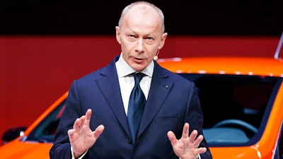 In this Tuesday, March 5, 2019 file photo, Thierry Bollore, Renault Chief Executive Officer, speaks during the presentation of the new Renault Clio as part of the press day at the '89th Geneva International Motor Show' in Geneva, Switzerland. French carmaker Renault has dismissed its chief executive officer, overhauling its leadership once again after the jailing of its previous chairman and CEO. The decision by the board on Friday Oct. 11, 2019, to dismiss Thierry Bollore was effective immediately.