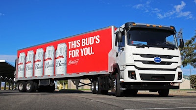 On of the 21 Build Your Dreams battery electric trucks that Anheuser Busch will use in their Southern California fleet as part of a state project to showcase sustainable warehousing and distribution technology.